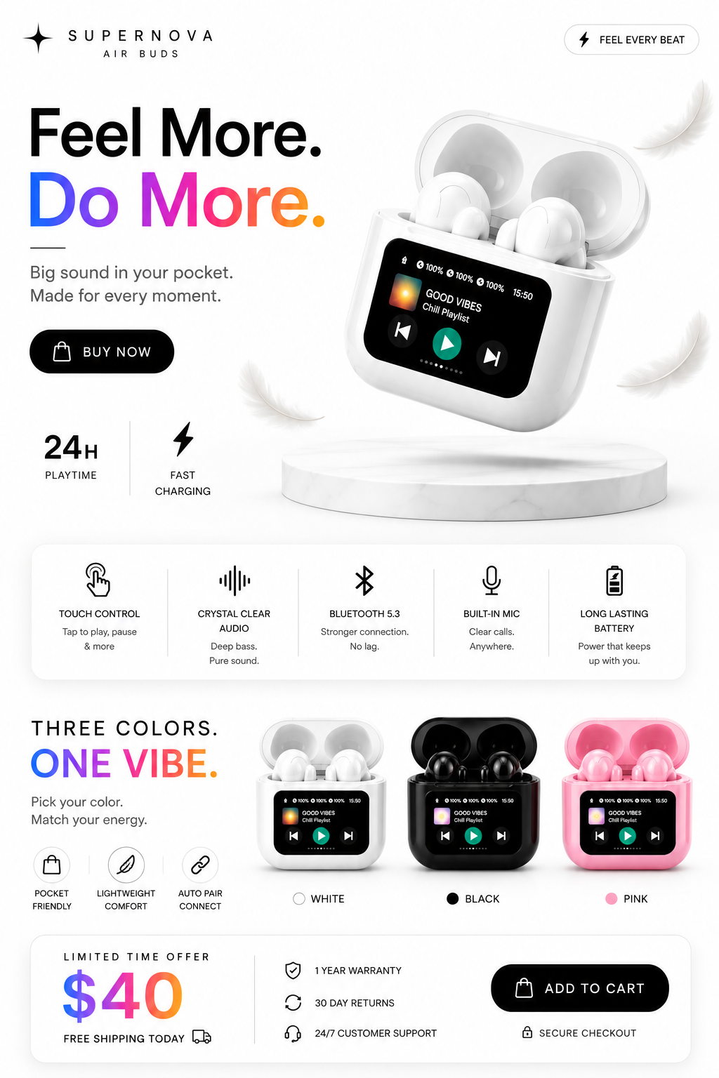 ANC Supernova Air Buds – Smart Touchscreen Wireless Earbuds (iPhone 17 Pro Compatible)